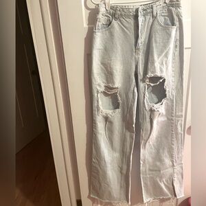 Idem Ditto light wash baggy leg large holes distressed hem garden grunge jeans